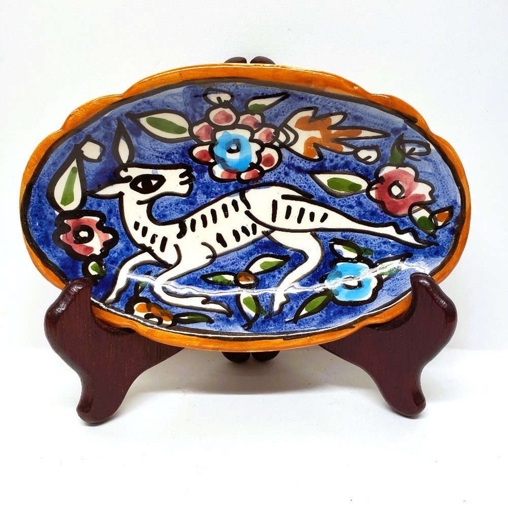 Vintage KIJ Pottery Polish Deer Trinket Dish Soap Blue Poland Oval 6.25" - READ